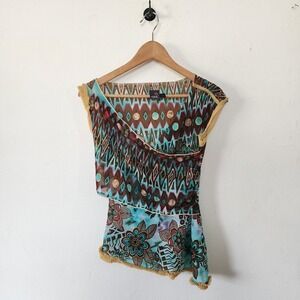 Y2K Anac Designed by Kimi Assymetrical Blue Blouse Sheer Fringe Geometric Preppy